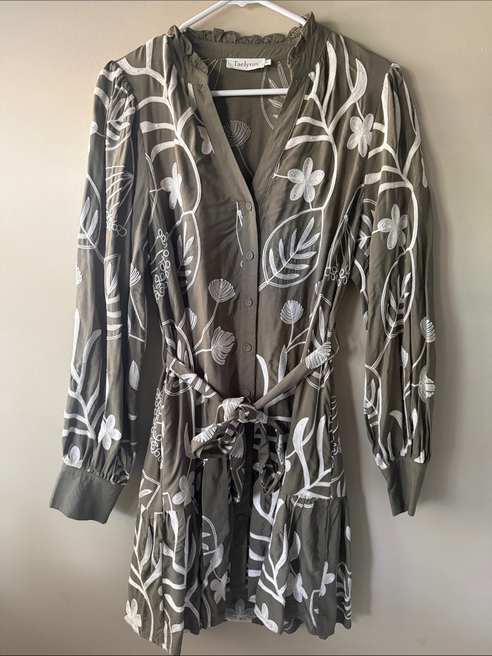 Taelynn Olive Green Floral Embroidered long sleeve Button-Front Dress